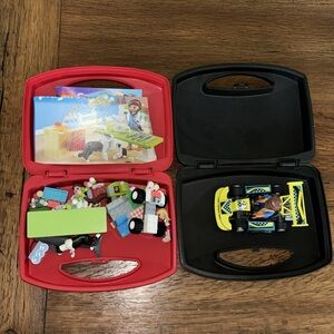 2 Playmobil Lego set vet clinic and  action go-kart with driver with carry cases